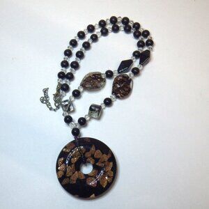 Blown Glass Round Pendant Necklace Black and Copper Unique 20" adjustable